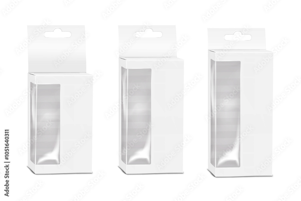 Wall mural thin white paperboard transparent window box with tuck-in flap lid, header tab and euro slot hanger.