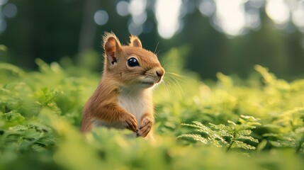 Curious squirrel perched among lush green ferns in a vibrant forest setting.