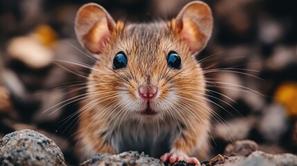 Cute close-up of a small mouse with big eyes, sitting among stones and leaves in its natural habitat.
