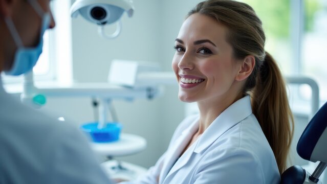 Cheerful denist in a white coat, posing confidently in a stylish dental clinic.