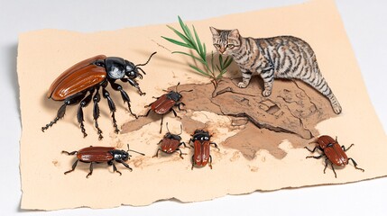Obraz premium Cat and Beetles on Paper.