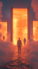 Fototapeta premium surreal scene depicting figures walking towards glowing portals surrounded by clouds. vibrant orange light creates mystical atmosphere, evoking feelings of curiosity and wonder