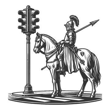 recommend clip art: medieval knight on horseback, paused at a modern traffic light, blending historic and contemporary elements sketch engraving generative ai raster illustration. Black and white image.