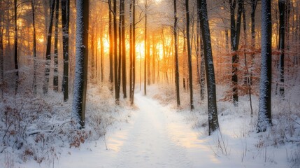 Obraz premium Snowy Path Through a Winter Wonderland Forest