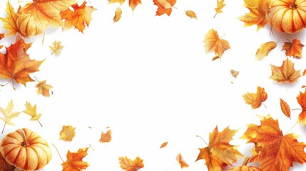 A composition of leaves, pumpkins and other elements in orange and yellow tones, representing spring. There is space for text in the center. Designed for use in design or presentations.