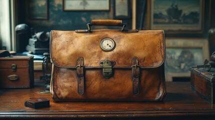 Vintage Leather Briefcase with Brass Hardware and a Clock Face