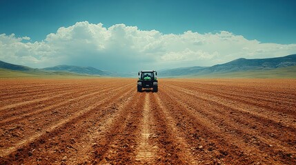 Obraz premium Tractor Driving Through a Plowed Field Under a Blue Sky with White Clouds