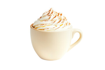 A cup filled with creamy eggnog topped with cinnamon and spice, isolated on transparent white background, concept of comfort drink