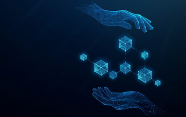 Digital AI Technology Concept. An abstract illustration of hands protecting a blockchain network, symbolizing data security and trust. Generative AI