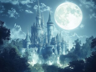 Naklejka premium Enchanted Castle Under Moonlight.