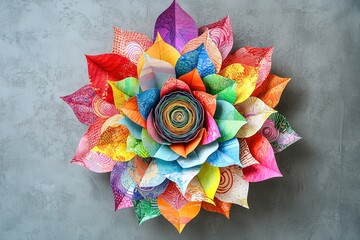 Obraz premium A large, colorful paper flower with petals made of folded construction paper and decorative glitter in the center on a grey wall background