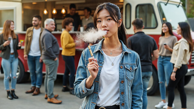 Young woman in the center, exuding a relaxed vibe. She's wearing a casual outfit with a denim jacket and white t-shirt. Modern urban background with diverse crowd gathered around coffee truck. 