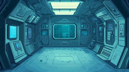 Journey to the cosmos, futuristic spaceship interior with panoramic view and central command