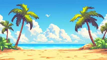 Obraz premium Cartoon beach paradise, sunkissed sands, swaying palm trees, and a vibrant blue sky in whimsical tropical 