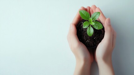Close-up photo of a hand holding soil and a tree sapling on a white background. There is space for text, conveying the concept of saving the world, nature, and planting trees.