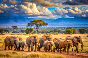 Obraz premium African elephant herd moving together in wilderness, serene African landscape backdrop.
