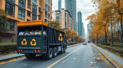 Fototapeta premium Garbage Truck Parked on City Street with Fall Foliage