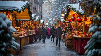 Naklejka premium A lively Christmas market in Germany with snow-covered stalls, colorful decorations, and festive lights. People walk through the market enjoying traditional German holiday items and treats