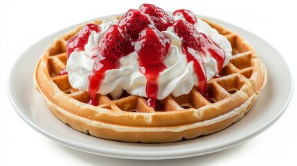 waffle with strawberry sauce and whipped cream