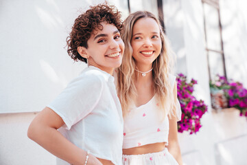 Two young beautiful smiling cute women in trendy summer sundress. Sexy carefree models posing in the street in sunny day. Positive models having fun and hugging. Cheerful and happy