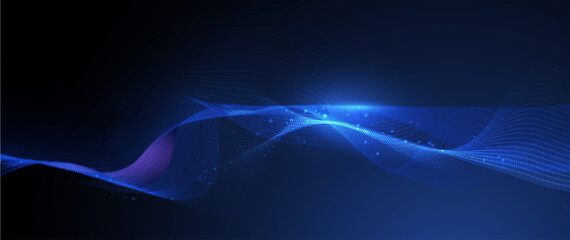 Vector Abstract flowing wave line, particle dot pattern, neon light on dark blue gradient background. Modern futuristic design, particles wave data for background. Network, science, technology concept