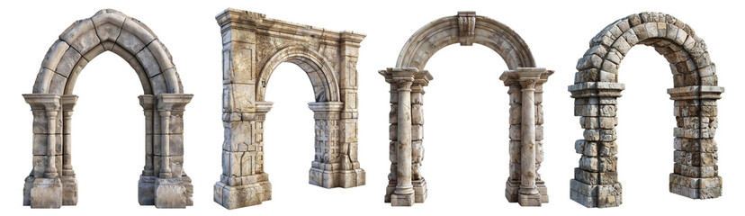 Obraz premium Set of ancient stone archways with weathered stones, cut out