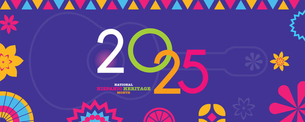 Obraz premium Hispanic American heritage month 2025 happy new year. Vector web banner, poster, card for social media, networks. Greeting with national Hispanic heritage month text, ornament on blue background. 