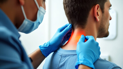Obraz premium Medical Examination: Professional Checks Patient's Neck for Swelling