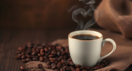 Fototapeta premium cup of coffee with heart shape smoke and beans