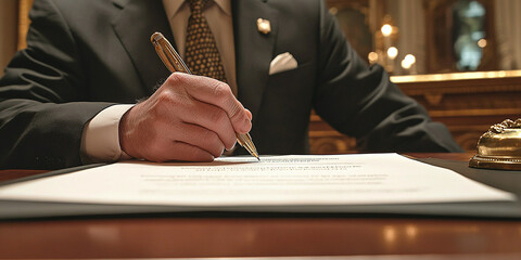Government official in a suit signing an important document, symbolizing authority, responsibility, and policy-making in a formal setting.