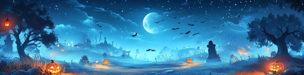 Haunted Halloween landscape. Full moon, bats in the sky at night, scary castle, graveyard/cemetery, Jack O Lantern pumpkins. Dark Halloween wallpaper.