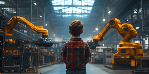Fototapeta premium Young boy stands in awe as he controls a massive industrial robot in a high-tech factory environment, symbolizing innovation and curiosity.