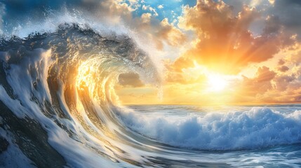 A tidal wave crashing against the shore at sunrise, with the sun’s rays highlighting the unstoppable force of ocean water.
