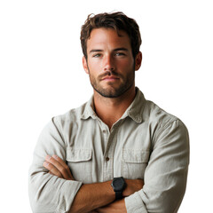 Obraz premium Modern bearded man portrait, casual white button-up shirt and wristwatch, confident male model headshot for lifestyle ads isolated PNG with Transparent Background