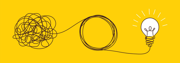 Light bulbs with confused concept of chaos. Complex way from start to idea. Tangle clarity or path in hand drawn style. Vector illustration