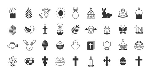 Easter celebration icon set in black and white. Festive symbols in line and silhouette for web design, decoration, mobile interface in trendy style. Religion concept. Isolated vector illustration