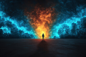 Obraz premium solitary individual stands at crossroads, surrounded by vibrant clouds of orange and blue, symbolizing moment of decision and emotional intensity