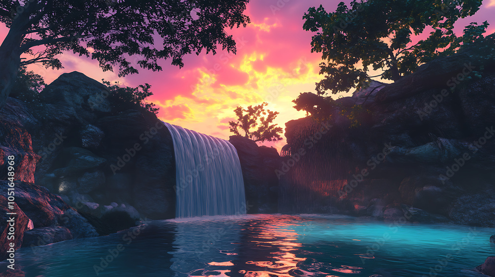 Wall mural a vibrant sunset illuminating a waterfall that spills into a serene swimming pool, reflecting the co