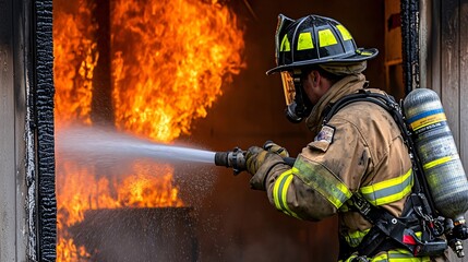 Obraz premium A firefighter douses flames in a burning building, showcasing bravery and urgency in a critical rescue operation.