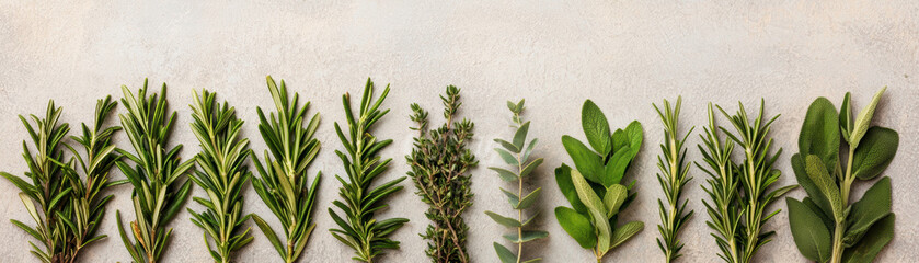 Variety of fresh herbs arranged on a rustic background, showcasing their unique textures and shades of green.