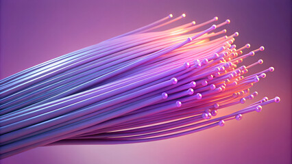 Illuminating fiber optic strands, a vibrant purple glow highlighting advanced technology for fast data transmission and network connectivity in a digital information age setting.