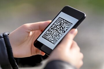 A person holds a smartphone displaying a QR code, symbolizing modern technology and digital interaction.