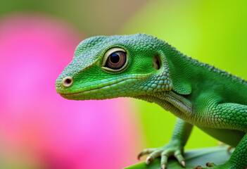 Fototapeta premium Close-up of green lizard with vivid eye and gradient background