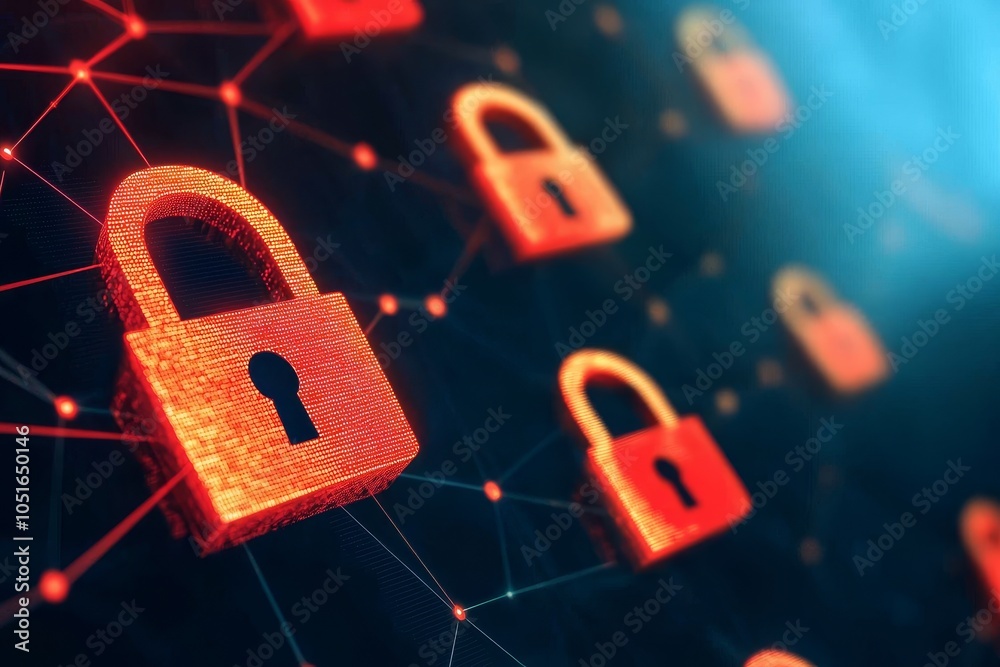 Poster digital representation of secure locks, symbolizing cybersecurity and data protection in a connected
