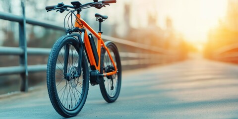 Obraz premium Vibrant orange bicycle parked on a pathway during sunset, showcasing a blend of nature and technology.
