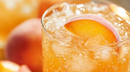a glass of peach juice with ice