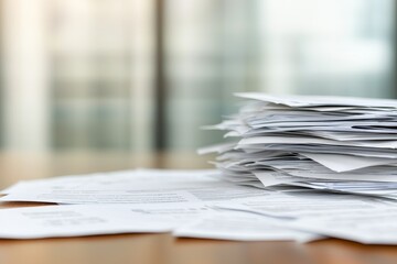 A cluttered stack of papers on a wooden surface, conveying the feeling of disorganization in an office environment.