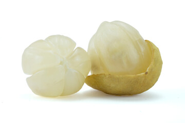 Group of long kong fruits or lansium parasticum, peel off isolated on white background with...