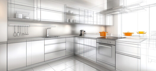 Moderne K&uuml;chenplanung &ndash; K&uuml;chen-Skizze mit transparenten Fl&auml;chen 