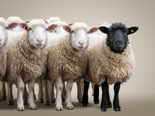 Obraz premium Group of Sheep with One Black Sheep Standing Out in a Flock